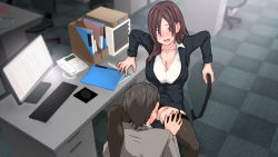 Rule 34 | 1boy, 1girl, blush, breasts, brown hair, chair, cleavage, clothing aside, cunnilingus, embarrassed, formal, from above, garter straps, highres, indoors, keyboard (computer), large breasts, legs, long hair, looking at another, monitor, mouse (computer), nymphomatic city, office, office lady, open mouth, oral, original, panties, panties aside, phone, pink eyes, sitting, skirt, suit, table, thighhighs, thighs, touji (tj studio), underwear