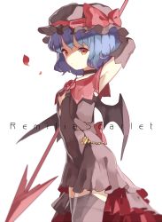 Rule 34 | 1girl, alternate costume, arm behind head, armpits, bat wings, blue hair, bow, dress, flower, hat, hat bow, red eyes, reeh (yukuri130), remilia scarlet, ribbon, rose, short hair, simple background, sleeveless, solo, spear the gungnir, thighhighs, touhou, white background, wings