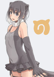 Rule 34 | 10s, 1girl, animal ears, arms at sides, baketsuya, bare shoulders, breasts, covered navel, detached collar, elbow gloves, extra ears, fingerless gloves, fur collar, gloves, grey background, grey eyes, grey hair, grey one-piece swimsuit, highres, japari symbol, kemono friends, looking at viewer, multicolored hair, one-piece swimsuit, otter ears, otter tail, parted lips, short hair, simple background, small-clawed otter (kemono friends), small breasts, smile, solo, standing, swimsuit, tail, thighhighs, two-tone hair, upper body, white hair