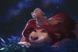 Rule 34 | animal focus, blurry, colored sclera, commentary, depth of field, english commentary, father and son, grass, grin, highres, lion, looking at another, looking up, mufasa, night, night sky, no humans, outdoors, red eyes, simba, sky, smile, star (sky), the lion king, tobu (bilibil), whiskers, yellow sclera