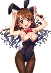 Rule 34 | 10s, 1girl, absurdres, animal ears, bare shoulders, blue ribbon, blush, bow, breasts, brown eyes, brown hair, brown pantyhose, cleavage, collarbone, covered navel, detached sleeves, embarrassed, fake animal ears, hair bow, highres, idolmaster, idolmaster cinderella girls, large breasts, leaning forward, leotard, looking at viewer, off shoulder, open mouth, pantyhose, playboy bunny, rabbit ears, rabbit tail, rariemonn, ribbon, shimamura uzuki, shiny skin, side ponytail, simple background, solo, tail, thigh gap, wavy hair, white background