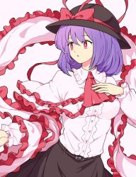 Rule 34 | 1girl, ascot, belt, black hat, blouse, bow, capelet, frilled capelet, frilled shawl, frills, hand on own chest, hat, hat bow, long sleeves, maguro (mawaru sushi), nagae iku, open mouth, purple hair, red ascot, red bow, red eyes, shawl, shirt, short hair, solo, touhou, upper body, white capelet, white shirt