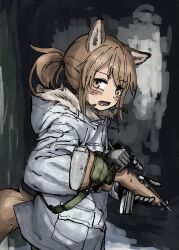 Rule 34 | 1girl, absurdres, animal ears, fang, fangs, fox ears, fox girl, fox girl (yihan1949), fox tail, gloves, gun, highres, holding, holding weapon, looking at viewer, military uniform, open mouth, original, ponytail, rifle, scope, sniper rifle, solo, tail, uniform, weapon, winter clothes, yihan1949