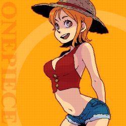 Rule 34 | 1girl, bad id, bad pixiv id, brown eyes, copyright name, cosplay, dramatica, female focus, food, fruit, hat, lowres, midriff, monkey d. luffy, monkey d. luffy (cosplay), nami (one piece), navel, one piece, orange (fruit), orange background, orange hair, shorts, smile, solo, straw hat, text focus