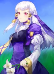 Rule 34 | 1girl, closed mouth, dress, fire emblem, fire emblem: three houses, flower, hair ornament, holding, holding flower, jurge, lily (flower), long hair, long sleeves, lysithea von ordelia, nintendo, pink eyes, solo, white hair