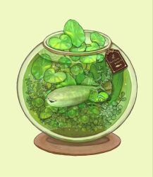 Rule 34 | air bubble, amano sizuku, animal focus, black mouth, bubble, commentary, english text, fish, fishbowl, highres, in container, lily pad, no humans, open mouth, original, sacabambaspis, simple background, submerged, triangle mouth, water, yellow background