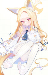 Rule 34 | 1girl, absurdres, animal, animal ear fluff, animal ears, ass, bird, blonde hair, blue archive, blush, closed mouth, detached sleeves, dress, extra ears, fox ears, halo, highres, long hair, looking at viewer, pantyhose, seia (blue archive), shishiodoshi, solo, striped clothes, striped pantyhose, toes, vertical-striped clothes, vertical-striped pantyhose, white bird, white dress, white pantyhose, white sleeves, wide sleeves, yellow eyes, yellow halo