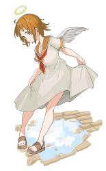Rule 34 | 1girl, angel, angel wings, brown eyes, brown hair, dress, full body, haibane renmei, halo, highres, holding, holding clothes, holding dress, looking at viewer, messy hair, neckerchief, nmgv, orange sailor collar, rakka (haibane), red neckerchief, sailor collar, sandals, short hair, short sleeves, simple background, smile, solo, standing, static cling, white background, white dress, wings