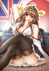 Rule 34 | &gt;:d, 1girl, :d, ahoge, arm behind head, ass, black skirt, black thighhighs, blush, breasts, brown hair, brown thighhighs, cleavage, collarbone, commentary request, covered erect nipples, crossed legs, detached sleeves, double bun, female focus, flag, flag background, frilled skirt, frills, hair between eyes, hair bun, hairband, headgear, highres, japanese clothes, japanese flag, kantai collection, kimono, kongou (kancolle), large breasts, long hair, looking at viewer, naughty face, open mouth, panties, pantyshot, purple eyes, ribbon-trimmed sleeves, ribbon trim, sidelocks, sitting, skirt, smile, solo, thighhighs, tomoya kankurou, underwear, union jack, white detached sleeves, white kimono, white panties, yellow hairband