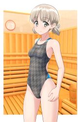 Rule 34 | 1girl, absurdres, aki (girls und panzer), blush, breasts, collarbone, commentary request, competition swimsuit, cowboy shot, girls und panzer, green eyes, grey one-piece swimsuit, groin, highres, houndstooth, light brown hair, looking at viewer, low twintails, one-piece swimsuit, sauna, short hair, short twintails, small breasts, smile, solo, standing, swimsuit, takafumi, thighs, twintails, two-tone swimsuit, variant set