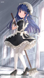 Rule 34 | 1girl, apron, black dress, black ribbon, blue hair, blunt bangs, blush, bow, ceiling, closed mouth, curtains, day, dot nose, dress, eluthel, frilled apron, frilled dress, frills, from behind, full body, hand up, hat, hat ribbon, heel up, high heels, highres, holding, holding mop, idolmaster, idolmaster cinderella girls, idolmaster cinderella girls starlight stage, indoors, lens flare, long hair, looking at viewer, looking back, mary janes, mob cap, mop, pantyhose, puffy short sleeves, puffy sleeves, red eyes, ribbon, sajo yukimi, shoes, short sleeves, smile, solo, sunlight, twitter username, waist bow, white apron, white bow, white pantyhose, window