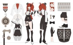 Rule 34 | 1girl, absurdres, armband, asymmetrical legwear, belt, black armband, black bow, black bowtie, black choker, black gloves, black hat, black shorts, bow, bowtie, breasts, cane, character sheet, choker, cleavage, closed mouth, daiya fortuna, full body, gloves, grey eyes, hair ornament, hairclip, hat, heterochromia, highres, kamameshi gougoumaru, kneehighs, large breasts, long hair, long sleeves, mini hat, multiple views, official art, pixellink, pocket watch, red eyes, red hair, second-party source, shirt, shirt tucked in, shorts, side ponytail, simple background, single kneehigh, single sock, single thighhigh, socks, straight-on, suspenders, thighhighs, top hat, virtual youtuber, watch, white background, white footwear, white shirt