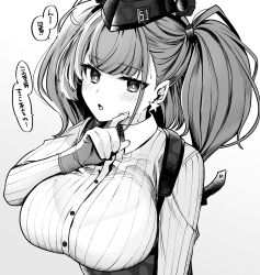 Rule 34 | anchor hair ornament, atlanta (kancolle), bra visible through clothes, breasts, bug, dress shirt, duplicate, earrings, garrison cap, hair ornament, hat, high-waist skirt, highres, insect, jewelry, kantai collection, ladybug, large breasts, monochrome, pixel-perfect duplicate, shirt, single earring, skirt, speech bubble, star (symbol), star earrings, suspender skirt, suspenders, two side up, upper body, yunamaro