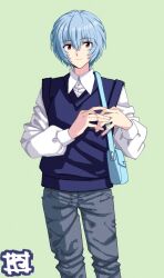 Rule 34 | 1girl, ayanami rei, bag, blue bag, blue hair, blue vest, commentary, green background, grey pants, hair between eyes, hands up, highres, looking at viewer, neon genesis evangelion, pants, red eyes, shirt, short hair, shoulder bag, signature, simple background, smile, solo, standing, vest, white shirt, yamayoshi