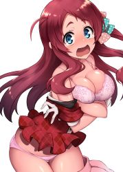 Rule 34 | absurdres, ahoge, blue eyes, blush, bow, bra, breasts, checkered clothes, checkered shirt, clothes pull, commentary request, covering privates, covering breasts, embarrassed, gloves, highres, large breasts, long hair, looking at viewer, minamoto sakura, open clothes, open mouth, open shirt, panties, pink bra, pink panties, polka dot, polka dot bow, puffy short sleeves, puffy sleeves, red hair, shirt, short sleeves, side ponytail, skirt, skirt pull, takahan, tears, underwear, white background, white gloves, zombie land saga