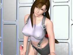 Rule 34 | 1990s (style), 1girl, 3d, animated, animated gif, breasts, brown hair, censored, earrings, covered erect nipples, fighting cuties, final fantasy, final fantasy vii, handjob, jewelry, large breasts, long hair, looking at viewer, penis, skirt, suspenders, tank top, tifa lockhart
