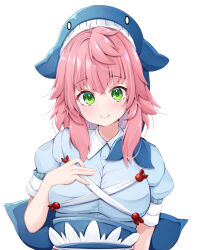 Rule 34 | 1girl, \||/, breasts, green eyes, hand on own chest, hand up, large breasts, long hair, looking at viewer, okunoda miyoi, pink hair, puffy short sleeves, puffy sleeves, rururiaru, short sleeves, simple background, smile, solo, touhou, upper body, whale hat, white background, wing collar