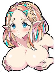 Rule 34 | 1girl, blonde hair, blue eyes, blush, braid, breasts, covering privates, covering breasts, crown braid, enpe, furrowed brow, highres, large breasts, nintendo, pointy ears, princess zelda, short hair, simple background, solo, the legend of zelda, the legend of zelda: breath of the wild, the legend of zelda: tears of the kingdom, thick eyebrows, white background