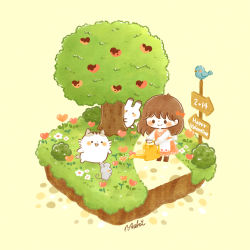 Rule 34 | 1girl, animal, apron, blush stickers, boots, bow, brown hair, cat, chara chara makiato, chibi, diorama, direction board, dress, grass, hair bow, happy valentine, heart, holding, holding watering can, long hair, mouse (animal), original, path, pinafore dress, rabbit, road, sign, signpost, sleeveless, sleeveless dress, smile, tree, watering can