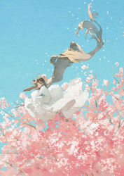 Rule 34 | 1girl, absurdly long hair, blue eyes, blue sky, brown hair, cherry blossoms, closed mouth, commentary request, day, dress, flower, full body, hat, highres, long hair, looking at viewer, original, outdoors, pink flower, pink theme, potg (piotegu), sitting, sky, smile, solo, tree, very long hair, white dress, white hat