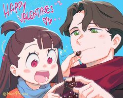 Rule 34 | 1boy, 1girl, :d, andrew hanbridge, asymmetrical bangs, blue scarf, blush stickers, brown hair, chocolate, closed mouth, commentary, eating, english text, feeding, food, hair up, happy valentine, heart, hetero, highres, holding, holding food, kagari atsuko, little witch academia, long hair, marii pily, motion lines, one side up, open mouth, purple eyes, red scarf, saliva, scarf, short hair, smile, sparkle, sweatdrop, twitter username, valentine