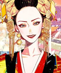 Rule 34 | 1girl, black hair, collarbone, earrings, floral background, green eyes, hair ornament, head tilt, japanese clothes, jewelry, kanzashi, looking at viewer, nihongami, original, parted lips, portrait, smile, solo, teeth, x (comira)