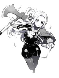 Rule 34 | 1girl, ascot, axe, cape, edelgard von hresvelg, fire emblem, fire emblem: three houses, grey background, greyscale, hair ornament, head tilt, long hair, looking at viewer, mole, mole under mouth, monochrome, nintendo, pantyhose, parted bangs, ririko (zhuoyandesailaer), short shorts, shorts, simple background, smile, solo, standing, standing on one leg, uniform, v-shaped eyebrows, very long hair, weapon, white background