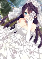 Rule 34 | 1girl, absurdres, black hair, blue eyes, breasts, bridal veil, chuunibyou, cleavage, dress, elbow gloves, eyepatch, flower, gloves, hand on own face, highres, long hair, rose, smile, solo, sparkle, strapless, strapless dress, veil, wedding dress, weshika, white dress