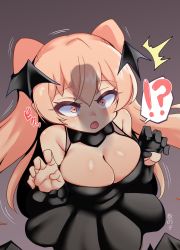Rule 34 | !?, 1girl, black dress, black gloves, breasts, brown eyes, dress, gloves, half gloves, halloween costume, highres, johnston (kancolle), kantai collection, kazunoko (saria001), large breasts, long hair, official alternate costume, penis shadow, single glove, solo, speech bubble, two side up, vampire costume