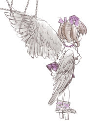 Rule 34 | 1girl, aged down, black eyes, black footwear, black skirt, bloomers, bow, brown hair, chain, checkered clothes, checkered skirt, collared shirt, commentary request, feathered wings, frilled shirt collar, frills, from behind, geta, hair bow, hat, himekaidou hatate, miniskirt, naegi (naegidokoro), puffy short sleeves, puffy sleeves, purple bow, purple skirt, shirt, short sleeves, sidelocks, simple background, skirt, solo, tokin hat, touhou, twintails, underwear, white background, white shirt, wings