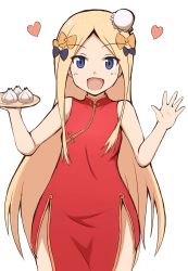 Rule 34 | :d, abigail williams (fate), absurdres, bare arms, bare shoulders, black bow, blue eyes, blush, bow, breasts, bun cover, china dress, chinese clothes, commentary request, cowboy shot, dress, fate/grand order, fate (series), food, forehead, hair bow, hair bun, hands up, heart, highres, holding, holding tray, long hair, looking at viewer, mitchi, open mouth, orange bow, parted bangs, pelvic curtain, red dress, side bun, simple background, single hair bun, single side bun, sleeveless, sleeveless dress, small breasts, smile, solo, tray, very long hair, white background