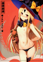 Rule 34 | 1girl, :o, abigail williams (fate), abigail williams (second ascension) (fate), absurdres, armpits, arms behind back, black bow, black panties, blonde hair, blush, bow, cowboy shot, facial mark, fate/grand order, fate (series), fingernails, flat chest, forehead mark, gluteal fold, hat, hat bow, head tilt, highres, hinooka shuuji, holding, holding stuffed toy, long hair, looking at viewer, navel, nipples, non-web source, nose blush, orange bow, panties, parted bangs, parted lips, polka dot, polka dot bow, red eyes, scan, solo, standing, stomach, stuffed animal, stuffed toy, teddy bear, tentacles, thigh gap, topless, underwear, underwear only, very long hair