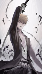 Rule 34 | 1boy, absurdres, arm up, black eyes, black gloves, bleach, fighting stance, glaring, gloves, highres, holding, holding weapon, japanese clothes, jliaan, katana, kurosaki ichigo, looking at viewer, male focus, orange hair, shinigami, short hair, simple background, single sleeve, spiked hair, sword, toned, torn clothes, weapon