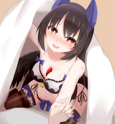 Rule 34 | 1girl, absurdres, alternate costume, arm up, bed sheet, bird wings, black hair, blush, breasts, bright pupils, brown thighhighs, cleavage, collarbone, commentary request, commission, feathered wings, hairband, highres, hiro (pqtks113), holding, holding hands, holding sheet, leg ribbon, looking at viewer, medium breasts, navel, open mouth, panties, pixiv commission, pov, pov hands, red eyes, reiuji utsuho, ribbon, side-tie panties, solo, star (symbol), straddling, teeth, thigh ribbon, thighhighs, third eye, touhou, two-tone bra, under covers, underwear, underwear only, upper teeth only, white pupils, wings