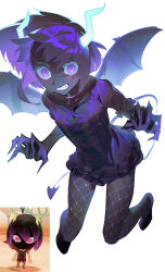 Rule 34 | 1boy, absurdres, alternate costume, alternate form, angry, bat wings, black dress, black hair, black skin, clenched teeth, colored eyelashes, colored skin, cross-laced clothes, cross-laced dress, crossdressing, dress, embarrassed, fishnet pantyhose, fishnets, floating hair, flying, highres, horns, km (ksolee1201), lace, light blush, lio fotia, pantyhose, photo inset, promare, purple eyes, short hair, sidelocks, simple background, sweat, teeth, trap, white background, white horns, wings