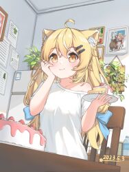 Rule 34 | 1girl, 2023, animal ear fluff, animal ears, blonde hair, blurry, bottle, cake, cake slice, cat ears, cat girl, chair, dated, depth of field, eating, food, fork, hand on own cheek, hand on own face, highres, holding, holding fork, holding plate, long sleeves, off shoulder, orange eyes, original, picture frame, plant, plate, potted plant, refrigerator, shirt, short sleeves, single bare shoulder, strawberry cake, table, water bottle, white shirt, xiao baixiong tat