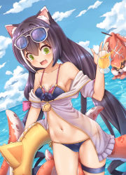 Rule 34 | 1girl, @ @, animal ear fluff, animal ears, bare shoulders, bikini, bikini under clothes, black bikini, black hair, blue-tinted eyewear, blue sky, breasts, cat ears, cat girl, cat tail, cleavage, cloud, collarbone, commentary request, cowboy shot, cup, day, drink, drinking glass, dutch angle, eyewear on head, fang, green eyes, highres, innertube, jacket, kaiyi, karyl (princess connect!), karyl (summer) (princess connect!), long hair, looking away, looking down, low twintails, monster, multicolored hair, navel, ocean, octopus, off shoulder, open clothes, open jacket, open mouth, outdoors, princess connect!, purple jacket, ribbon, see-through, short sleeves, side-tie bikini bottom, skin fang, sky, small breasts, solo, stomach, streaked hair, sunglasses, swim ring, swimsuit, tail, tearing up, tears, tentacles, thigh strap, tinted eyewear, twintails, two-tone hair, v-shaped eyebrows, very long hair, white-framed eyewear, white hair, yellow ribbon