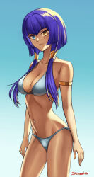 Rule 34 | 1girl, armlet, artist name, bikini, blue background, blue eyes, breasts, candace (genshin impact), cleavage, closed mouth, collarbone, cowboy shot, genshin impact, gradient background, grey bikini, halterneck, heterochromia, highres, long hair, low twintails, medium breasts, narrow waist, navel, purple hair, shinsaku (stan-art), smile, solo, standing, swimsuit, twintails, yellow eyes