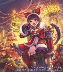 Rule 34 | 1girl, ;o, animal hands, apple, bell, black hairband, blunt bangs, bow, breasts, brick wall, brown hair, cake, candle, candlestand, candy, candy cane, ceiling, chair, christmas, christmas lights, christmas ornaments, christmas tree, coat, copyright name, food, fruit, fur trim, gift, grapes, hairband, heterochromia, holding, holding food, holding fruit, holly, indoors, knee up, long sleeves, lord of vermilion, mado*pen, navel, official art, one eye closed, red bow, red thighhighs, short hair, sitting, small breasts, strawberry, table, tail, thighhighs, watermark, wide sleeves, wreath