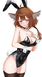 Rule 34 | 1girl, absurdres, aciddrop (arknights), ahoge, alternate costume, animal ears, arknights, bare shoulders, bird ears, black choker, black leotard, black thighhighs, blue eyes, blush, breasts, bright pupils, choker, cleavage, closed mouth, collarbone, commentary request, cowboy shot, embarrassed, fake animal ears, fake tail, fishnet thighhighs, fishnets, hair between eyes, highres, large breasts, leotard, long hair, looking at viewer, playboy bunny, puranetto (vjun4748), rabbit ears, rabbit tail, simple background, solo, strapless, strapless leotard, tail, thighhighs, thighs, white background, white pupils, white wrist cuffs, wrist cuffs