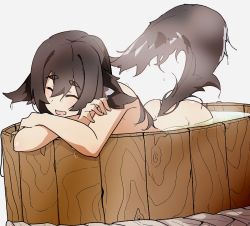 Rule 34 | 1girl, animal ears, awakening0613, basin, bath, black hair, blush, closed eyes, female focus, highres, nude, open mouth, original, partially submerged, simple background, solo, steam, tail, water, wet, white background