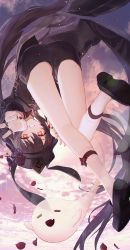 Rule 34 | 1girl, bad id, bad pixiv id, bare legs, black coat, black footwear, black headwear, black shorts, brown hair, chinese clothes, coat, coattails, flower, flower-shaped pupils, genshin impact, ghost, grin, hair between eyes, hat, hat flower, hat ornament, highres, hu tao (genshin impact), jewelry, legs, long hair, looking at viewer, midair, no.aei, petals, plum blossoms, porkpie hat, red eyes, ring, shoes, shorts, sky, smile, socks, symbol-shaped pupils, tailcoat, thighs, twintails, v, very long hair, white legwear