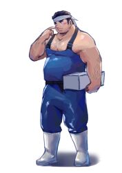 Rule 34 | 1boy, absurdres, arange (youhei79384157), arm hair, averting eyes, bara, belly, blue overalls, blush, borrowed character, carrying, carrying under arm, character request, chest hair, copyright request, facial hair, fat, fat man, finger to face, fisherman, full body, goatee, hand up, headband, highres, large pectorals, long sideburns, male focus, muscular, muscular male, mustache stubble, overalls, pectoral cleavage, pectorals, short hair, shy, sideburns, solo, standing, stubble, white headband