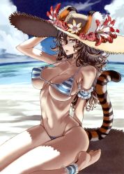 Rule 34 | 1girl, animal ears, ankle garter, arched back, arm garter, barefoot, beach, bikini, breasts, brown eyes, brown hair, character request, copyright request, covered erect nipples, curly hair, day, ears through headwear, flower, glasses, hat, highres, honjou raita, large breasts, long hair, outdoors, sitting, skindentation, solo, straw hat, string bikini, striped bikini, striped clothes, summer, swimsuit, tail, tiger ears, tiger tail, undersized clothes