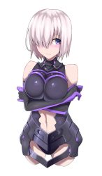 Rule 34 | 1girl, 3:, armor, bare shoulders, blush, breast hold, breasts, clothing cutout, cowboy shot, crossed arms, elbow gloves, fate/grand order, fate (series), gloves, hair over one eye, highres, impossible clothes, large breasts, lonwi21, looking away, mash kyrielight, navel, navel cutout, pink hair, purple eyes, shiny clothes, short hair, simple background, solo, white background