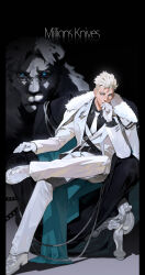 Rule 34 | 1boy, absurdres, animal, belt, black background, black belt, black shirt, blue eyes, chair, character name, closed mouth, coat, coat on shoulders, collared shirt, crossed legs, full body, fur trim, gloves, hand up, highres, jacket, lion, long sleeves, looking at viewer, male focus, millions knives, mole, mole under eye, necktie, pants, rladd881, shirt, short hair, sitting, solo, trigun, trigun stampede, white coat, white footwear, white gloves, white hair, white jacket, white necktie, white pants