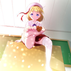 Rule 34 | 1girl, barefoot, between toes, blonde hair, blush, child, feet, female focus, holding with feet, hat, heart, looking at viewer, original, shiny skin, shirou (9lilin), short hair, skirt, smile, soles, solo, toes