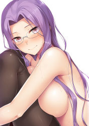 Rule 34 | 1girl, bad id, bad pixiv id, black pantyhose, blush, breast press, breasts, fate/stay night, fate (series), female focus, glasses, hugging own legs, knees to chest, large breasts, long hair, looking at viewer, medusa (fate), medusa (rider) (fate), pantyhose, purple eyes, purple hair, simple background, smile, solo, square pupils, sweat, thighband pantyhose, topless, yanagi (tsukiakari)