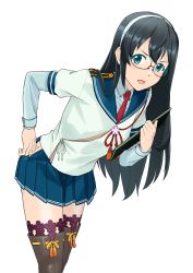 Rule 34 | 1girl, absurdres, black-framed eyewear, black hair, clipboard, flat chest, glasses, green eyes, hairband, highres, hip vent, kantai collection, lace, lace-trimmed legwear, lace trim, leaning forward, long hair, mikan 29344886, ooyodo (kancolle), ooyodo kai (kancolle), purple thighhighs, school uniform, semi-rimless eyewear, serafuku, simple background, solo, standing, thighhighs, under-rim eyewear, white background, white hairband