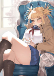 Rule 34 | 1girl, :o, absurdres, armchair, bags under eyes, blonde hair, blue sailor collar, blue skirt, blunt bangs, boku no hero academia, chair, coat, crossed legs, double bun, hair bun, hair up, highres, indoors, kneehighs, messy hair, miniskirt, neckerchief, open mouth, own hands together, pleated skirt, red neckerchief, sailor collar, school uniform, shirt, sidelocks, sitting, skirt, slit pupils, socks, solo, sunlight, thick thighs, thighs, throne, toga himiko, uniform, white shirt, window, winter clothes, winter coat, yellow eyes, zd (pixiv6210083)